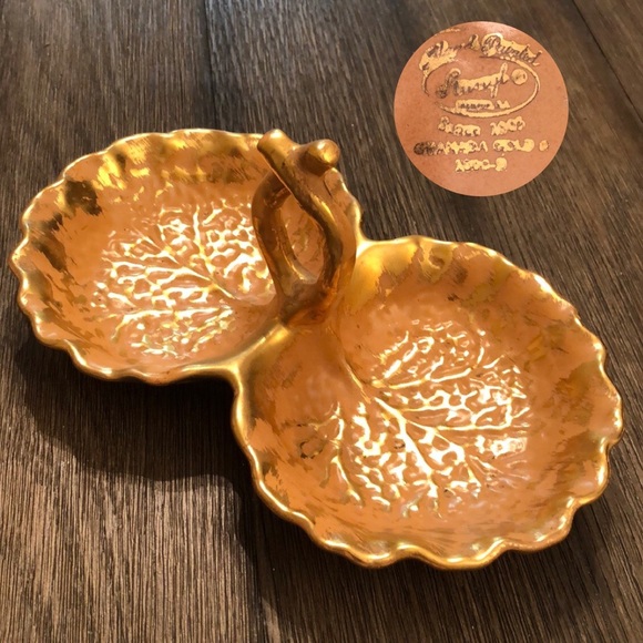 STANGL Granada Gold Double Cabbage Leaf Tray with Pottery Handle #1800D